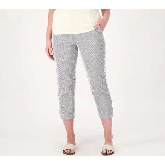 Susan Graver Stripe Stretch Seersucker Crop Pant Womens Plus Petite 24 Black NEW - Picture 1 of 6